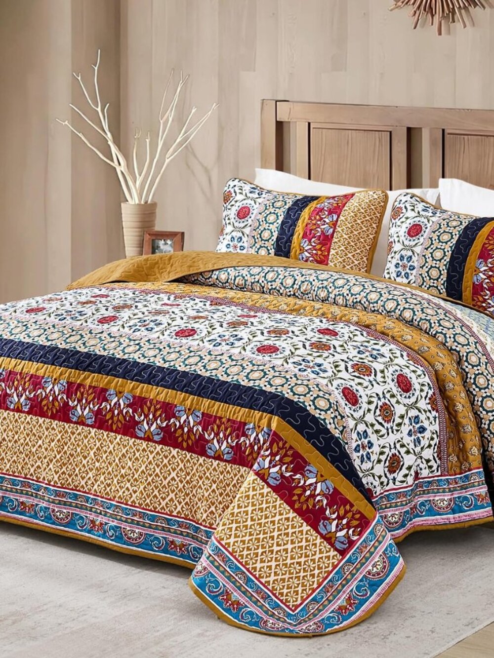 Boho Quilt Set Queen Size, Fall Tango Orange Patchwork Bedspreads